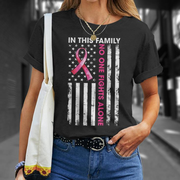 In This Family No One Fight Alone Breast Cancer On Back T-Shirt Gifts for Her