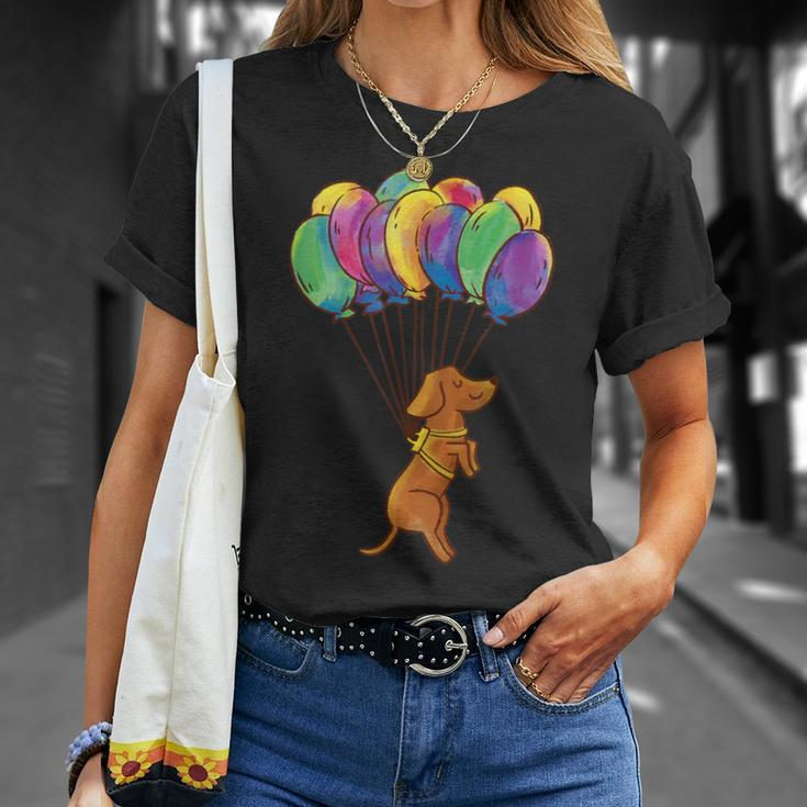 Fliegender Hund und Bunte Ballons Unisex T-Shirt für Damen und Herren Geschenke für Sie
