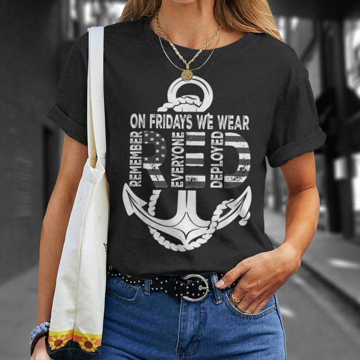 On Fridays We Wear Red Remember Everyone Deployed Navy T-Shirt Gifts for Her