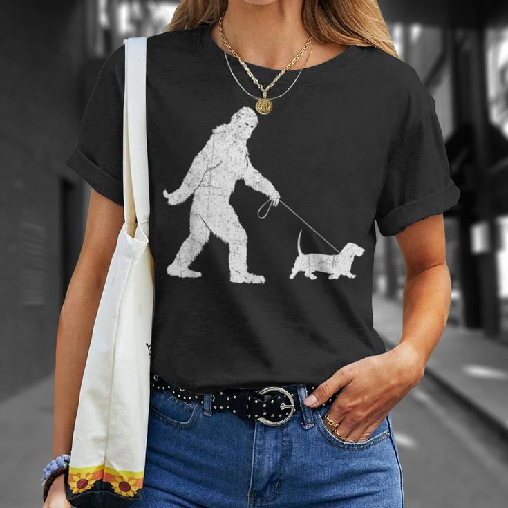 Bigfoot Sasquatch Walking Basset Hound Dog Lovers T-Shirt Gifts for Her