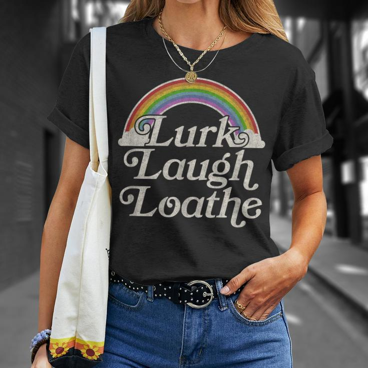 Goth Gothic Parody Rainbow Lurk Laugh Loathe T-Shirt Gifts for Her