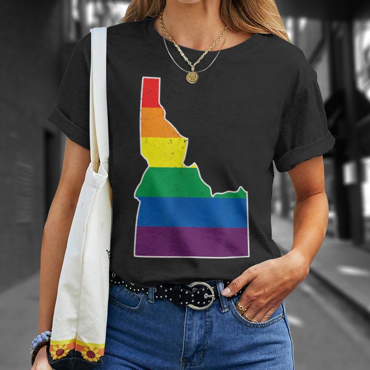 Gay Pride Flag Idaho State Map Rainbow Stripes T-Shirt Gifts for Her