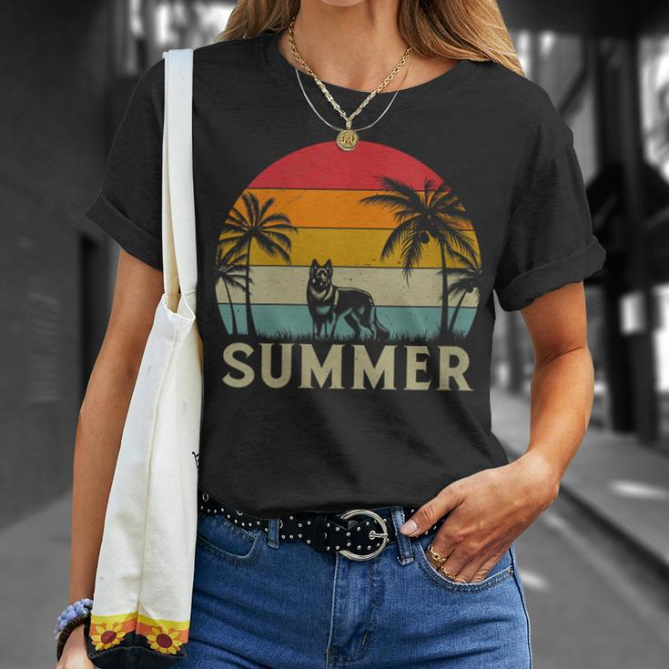 German Shepherd Dog Palm Tree Sunset Beach Vacation Summer T-Shirt Gifts for Her