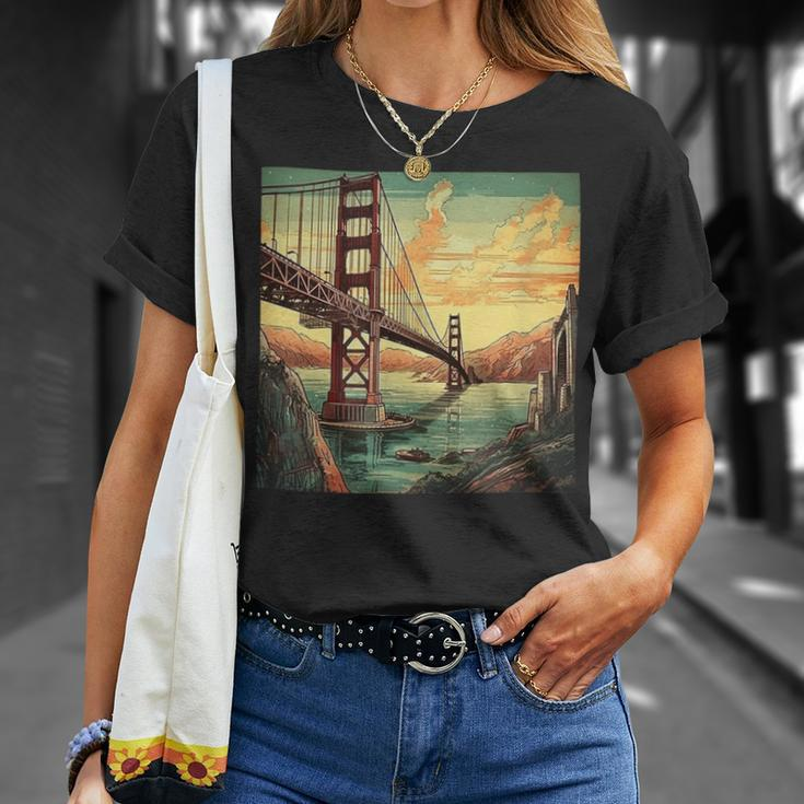 Golden Gate Bridge Sky Colorful Illustration Vintage Graphic T-Shirt Gifts for Her