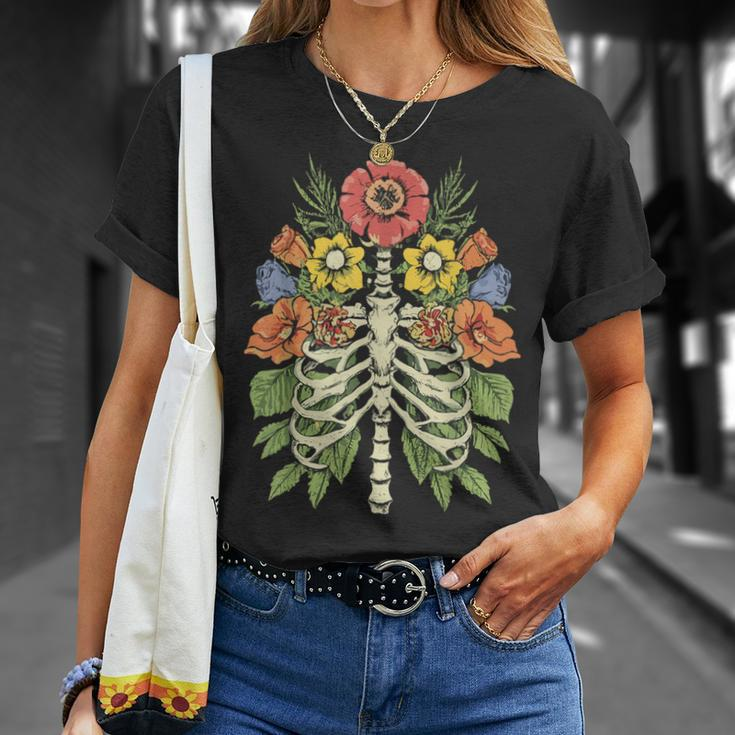 Grow Through It Flower Spine Skeleton Vintage Floral Women T-Shirt Gifts for Her