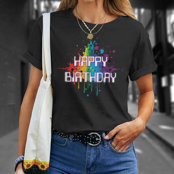 Happy Birthday Regenbogenfarbe Splash Neon Rot Orange Blau Top T-Shirt Geschenke für Sie