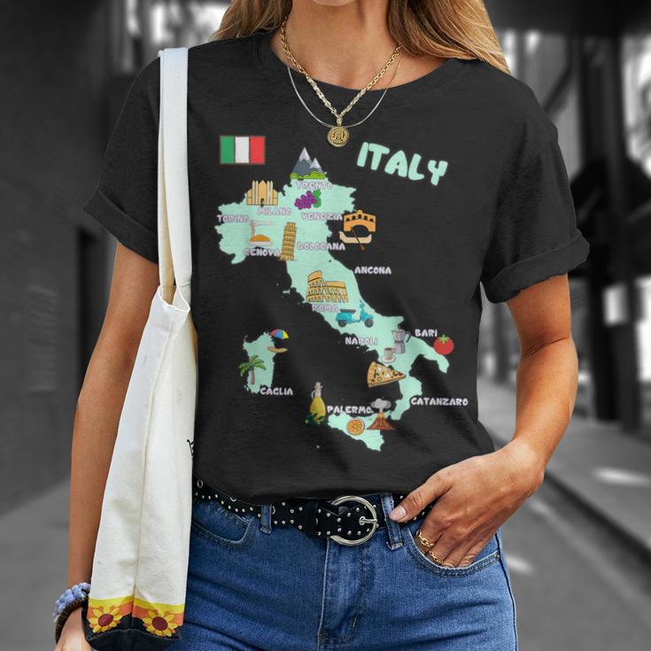 Italy Map Italian Landmarks Hand Drawn Symbols Cities Flag T-Shirt Gifts for Her