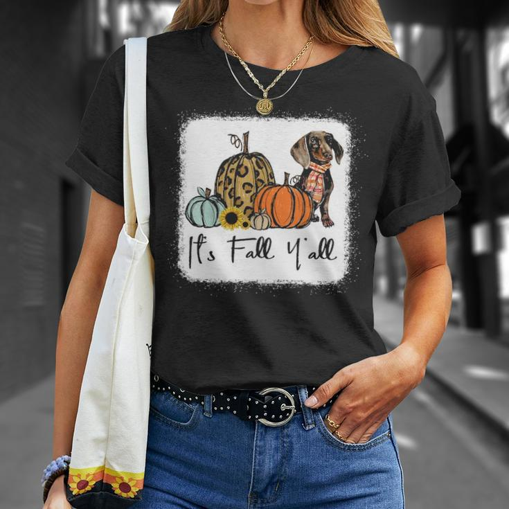 It's Fall Y'all Yellow Dachshund Dog Leopard Pumpkin Falling T-Shirt Gifts for Her
