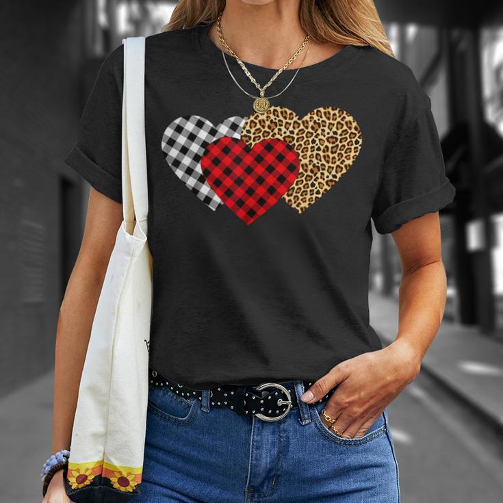 Leopard Heart Buffalo Plaid Heart Valentine Day T-Shirt Gifts for Her