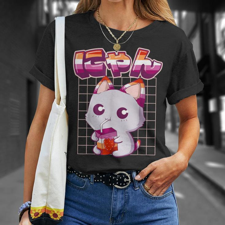 Lesbian Pride Gay Kawaii Cat Strawberry Milk Lesbian Flag T-Shirt Gifts for Her