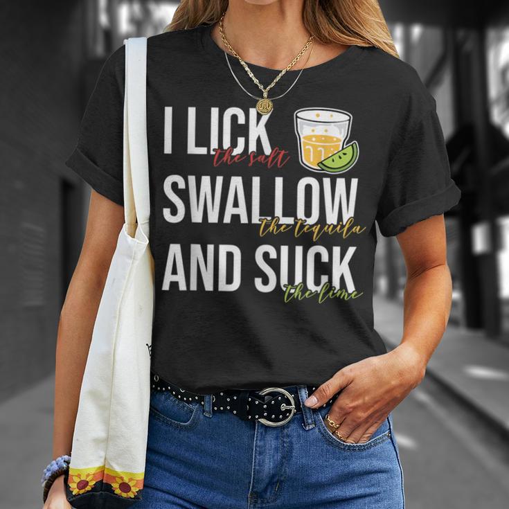 I Lick Salt Swallow Tequila Suck Lime Cinco De Mayo Drinking T-Shirt Gifts for Her