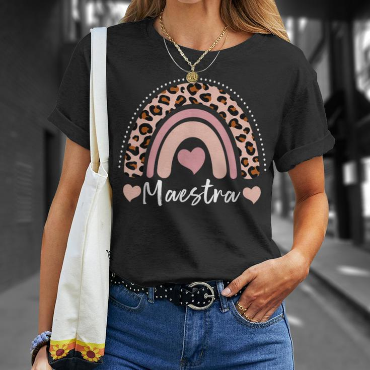 Maestra Spanish Teacher Leopard Rainbow Print Back To School T-Shirt Gifts for Her