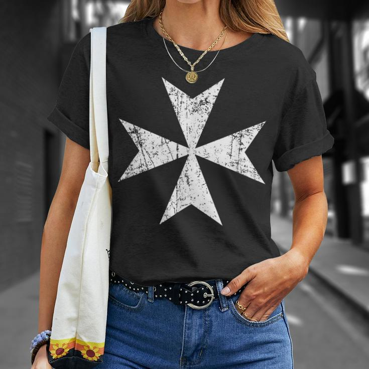 Maltese Cross Distressed White Print Malta Cross T-Shirt Gifts for Her