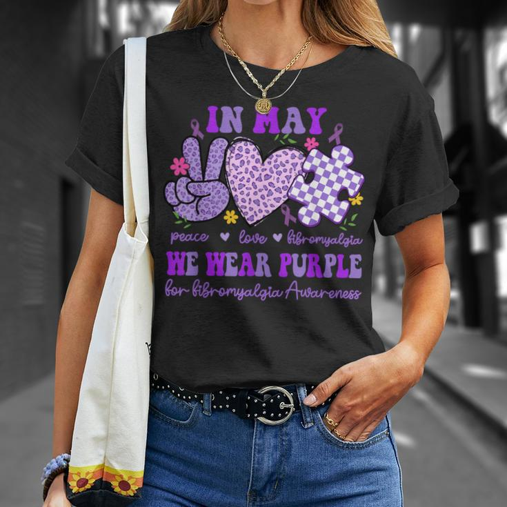 In May We Wear Purple For Fibromyalgia Awareness Peace Love T-Shirt Gifts for Her