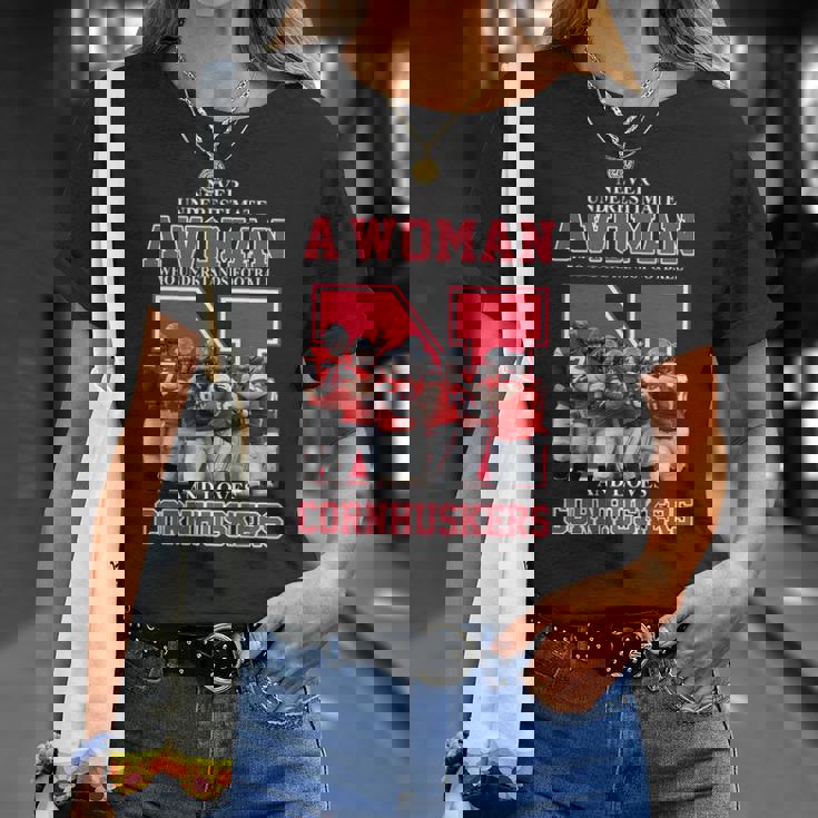 Never Underestimate Awoman Who Understands Football And Loves Cornhuskers T-Shirt Gifts for Her