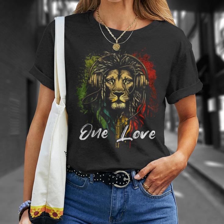 One Love Rasta Reggae Music Headphones Rastafari Reggae Lion T-Shirt Gifts for Her