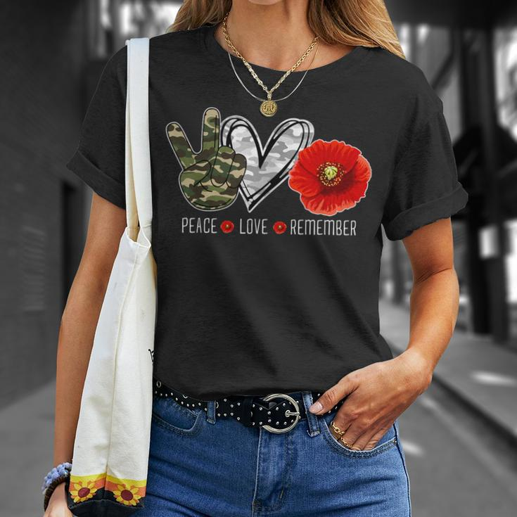 Peace Love Remember Soldier Veteran Day Red Poppy Flower T-Shirt Gifts for Her