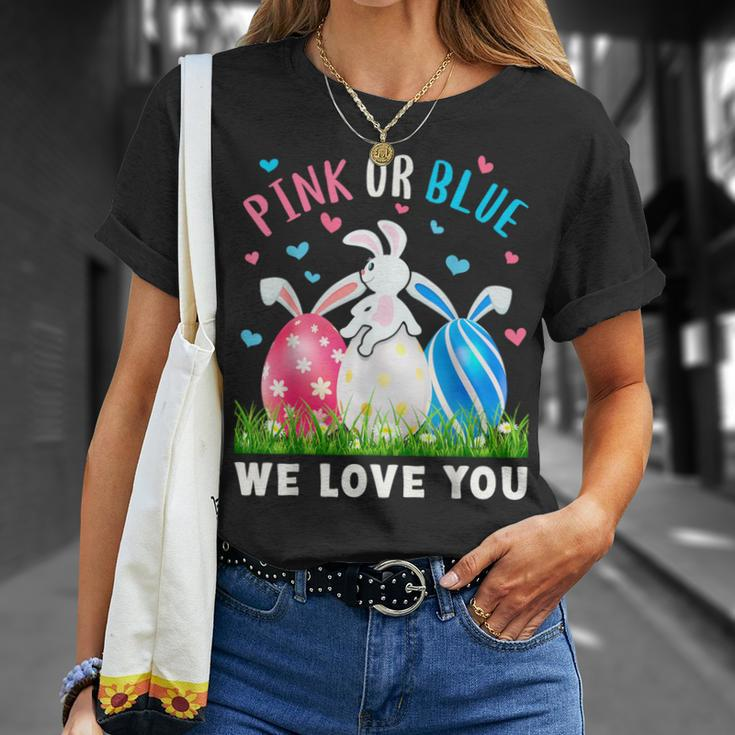 Pink Or Blue We Love You Gender Reveal Easter Bunny Dad Mom T-Shirt Gifts for Her