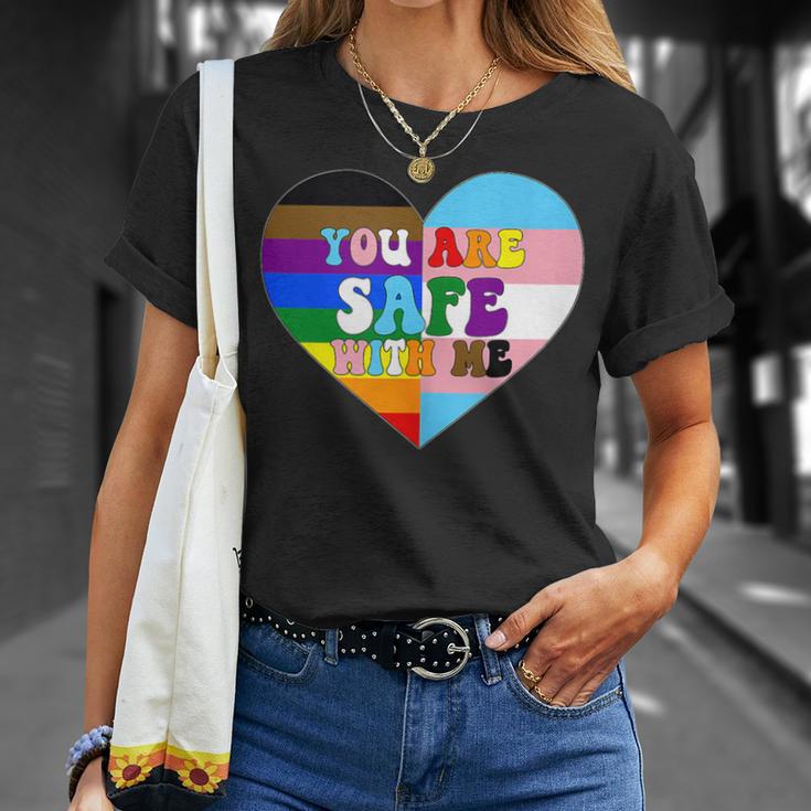 Progress Pride Love Flag Heart Lgbtq You Are Safe With Me T-Shirt Gifts for Her