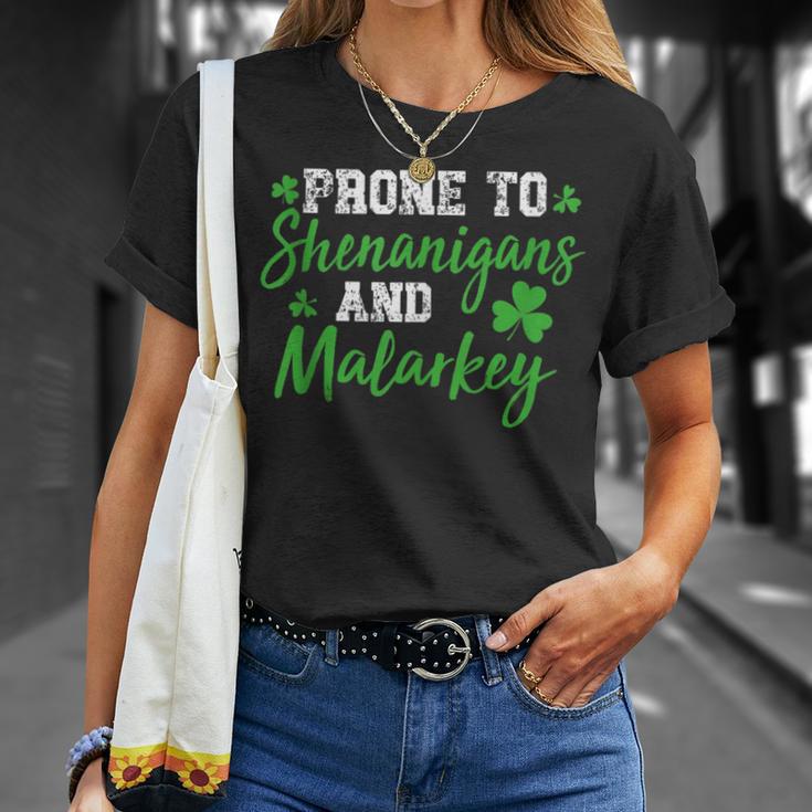 Prone To Shenanigans & Malarkey Fun Clovers St Patrick's Day T-Shirt Gifts for Her