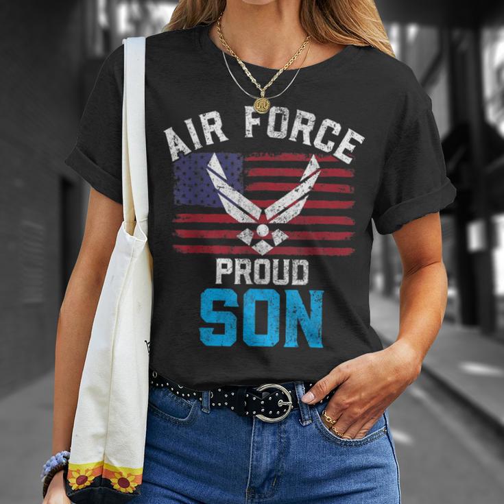 Proud Air Force Son American Flag Veteran T-Shirt Gifts for Her