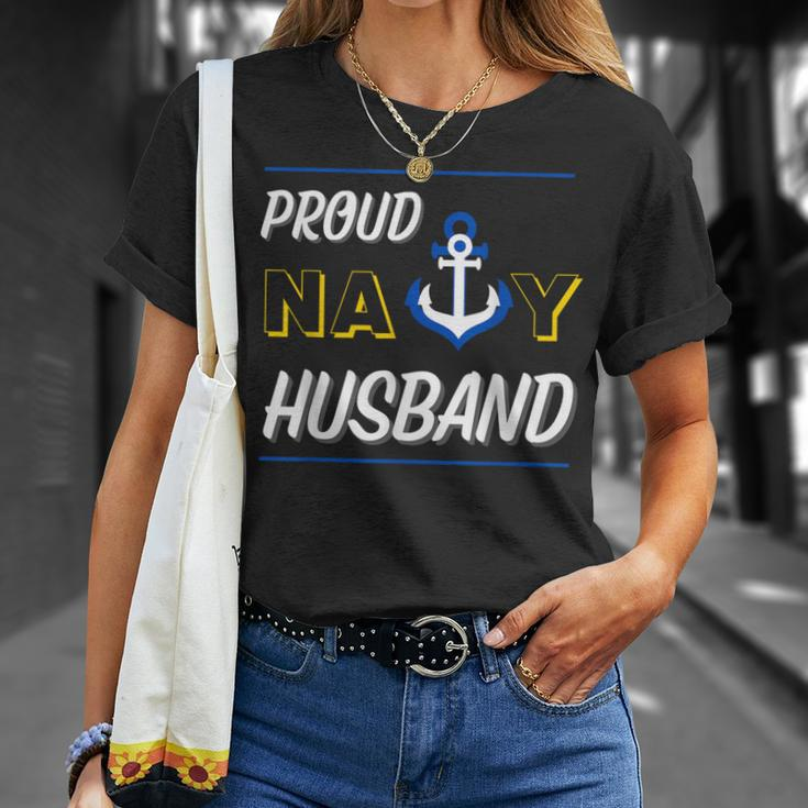 Proud Navy Husband Military Spouse Support Anchor Cute Blue T-Shirt Gifts for Her