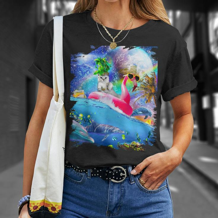 Rainbow Space Galaxy Cat On Flamingo Dolphin T-Shirt Gifts for Her