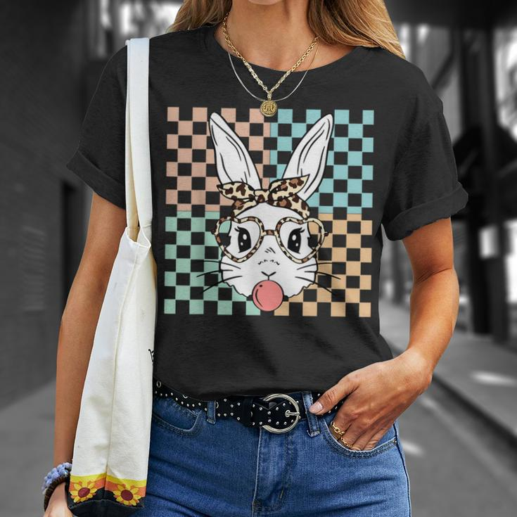 Retro Checkered Bunny Rabbit Face Bubblegum Happy Easter T-Shirt Gifts for Her