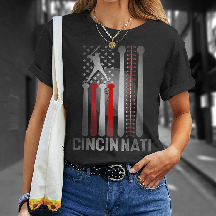 Retro Cincinnati American Flag Distressed Baseball Fans T-Shirt Gifts for Her