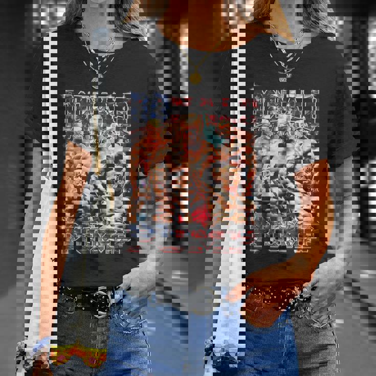 Retro Donald Pump Gym Collage Foto Meme Divertido Trump Camiseta unisex Regalos para ella