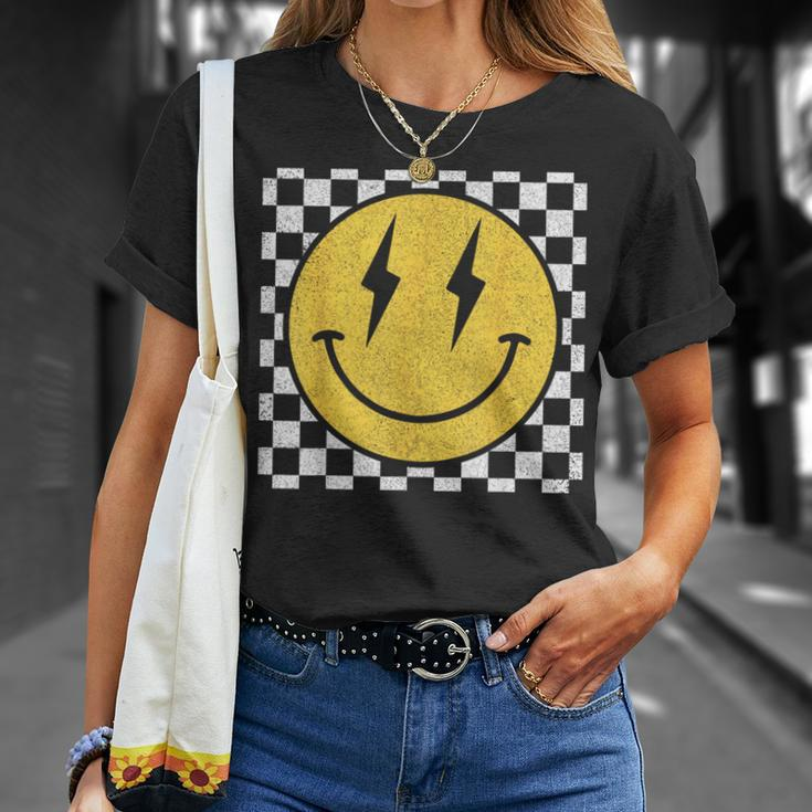 Retro Happy Face Distressed Checkered Pattern Smile Face T-Shirt Gifts for Her