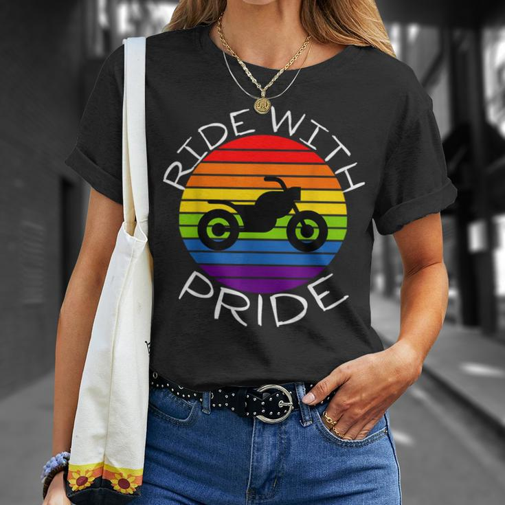 Ride With Pride Gay Bikers Lgbt Month Vintage Retro Rainbow T-Shirt Gifts for Her