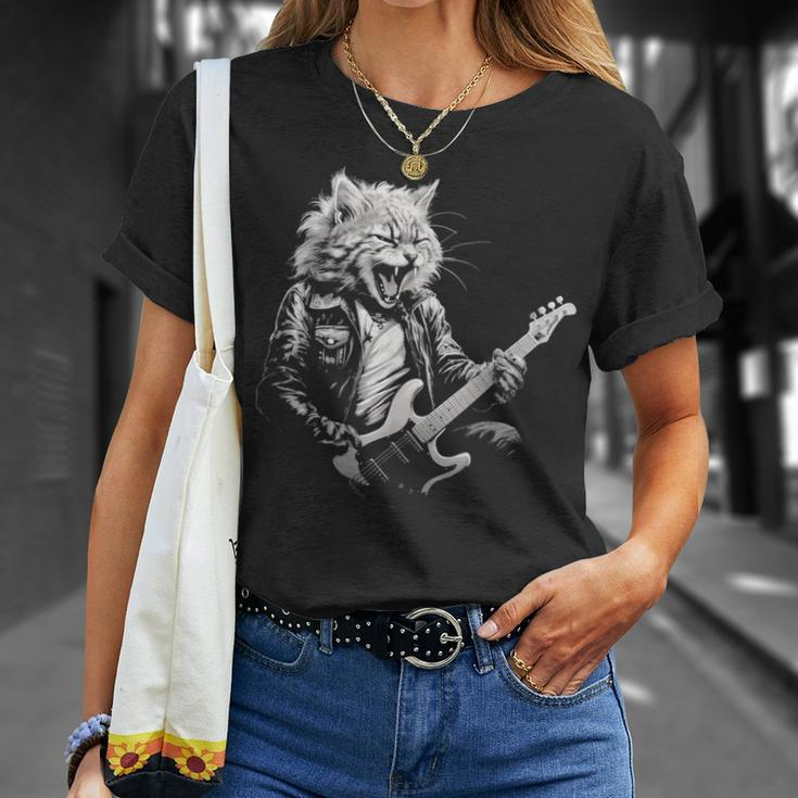 Rock Cat Playing Guitar Guitar Cat Womens T-Shirt Gifts for Her