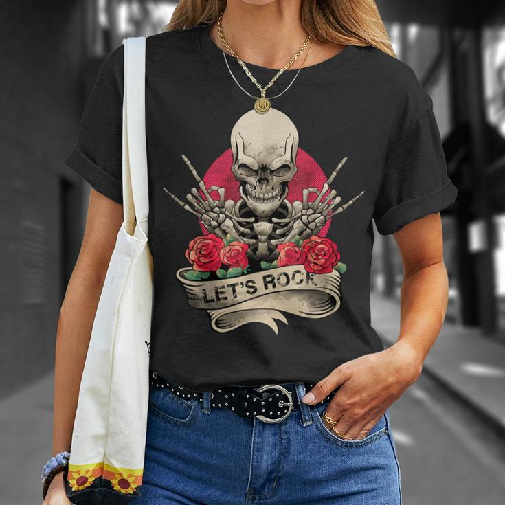 Lets Rock Rock&Roll Skeleton Hand Vintage Retro Rock Concert T-Shirt Gifts for Her