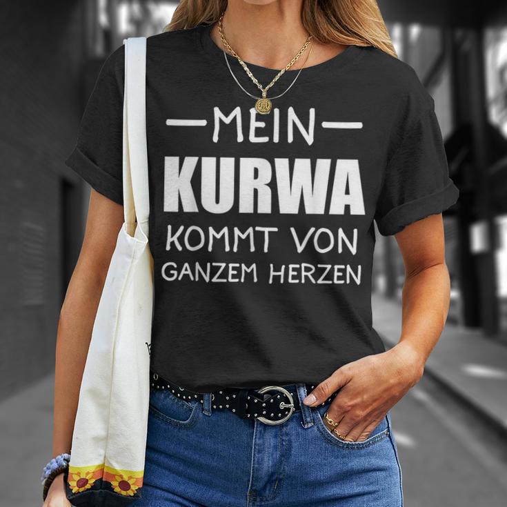 Schwarzes T-Shirt Mein Kurwa kommt von ganzem Herzen, Witziges Spruch-Shirt Geschenke für Sie