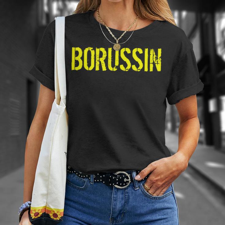 Schwarzes T-Shirt mit gelbem BORUSSIN Schriftzug, Fußballfan Bekleidung Geschenke für Sie