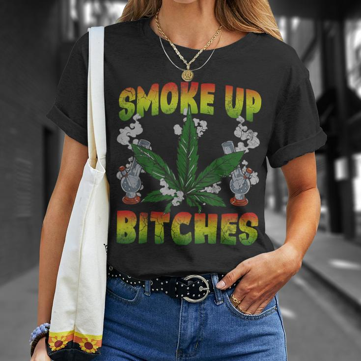 Smoke Up Bitches Marijuana Pot Leaf Weed 420 Stoner Day T-Shirt Gifts for Her