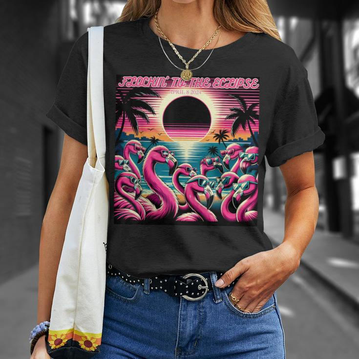 Solar Eclipse 2024 Retro Flamingos Flockin' To The Eclipse T-Shirt Gifts for Her