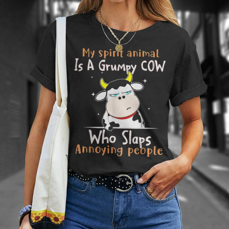 My Spirit Animal Is A Grumpy Cow Who Slaps Annoying People T-Shirt Gifts for Her