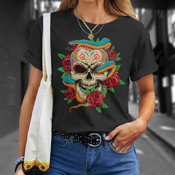 Sugar Skull Day Of Dead Cool Bone Head Skulls Snake Rose T-Shirt Gifts for Her