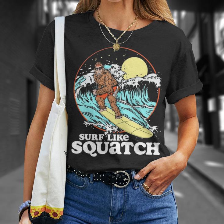 Surf Like Squatch Surfing Bigfoot Beach Sasquatch S T-Shirt | Mazezy