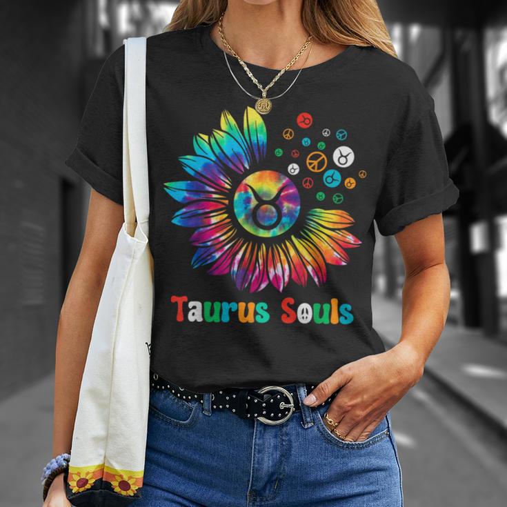 Taurus Souls Zodiac Tie Dye Sunflower Peace Sign Groovy T-Shirt Gifts for Her