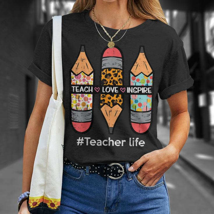 Teacher Life Teach Love Inspire Pencils Inspirational Women T-Shirt Gifts for Her
