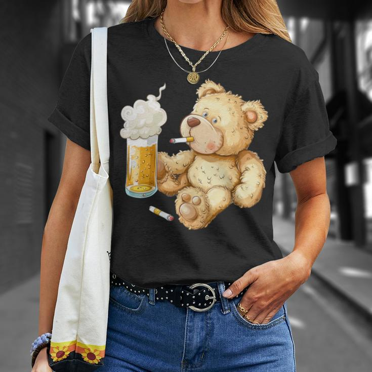 Teddy Bear Smokes And Drinks Beer For Men's Day Father's Day T-Shirt Gifts for Her