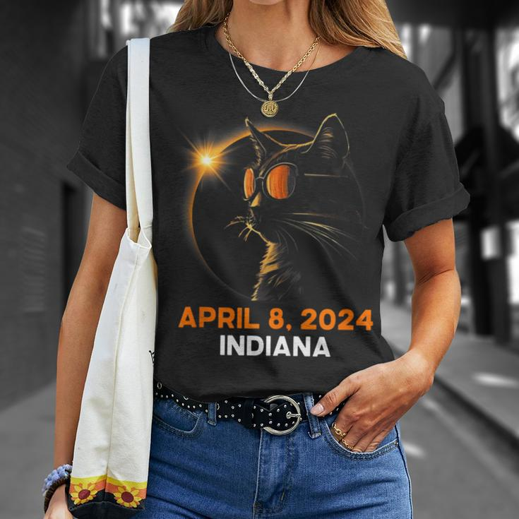 Total Solar Eclipse 2024 Indiana Cat Lover Wearing Glasses T-Shirt Gifts for Her