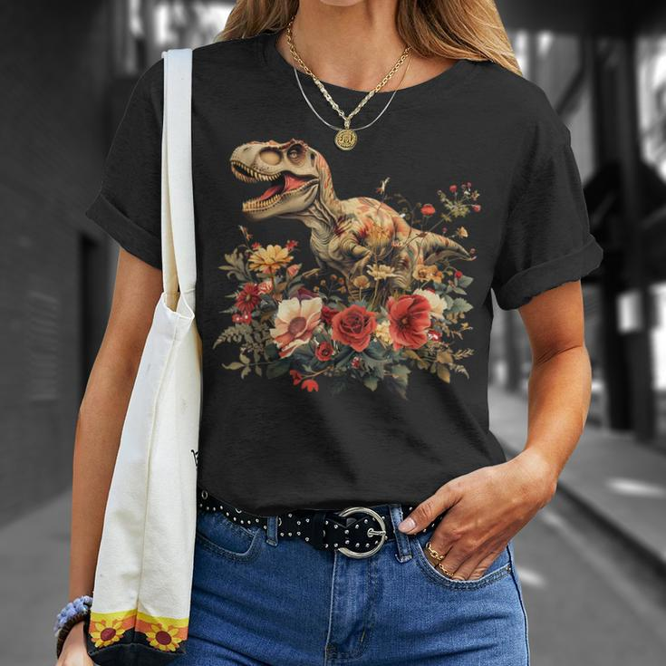 Trex Dinosaur Dino Floral Flower T-Shirt Gifts for Her
