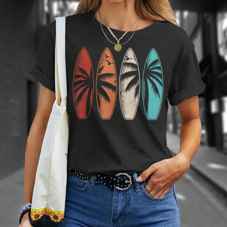 Tropical Hawaii Palm Tree Surfing Beach Surfboard Retro Surf T-Shirt Gifts for Her