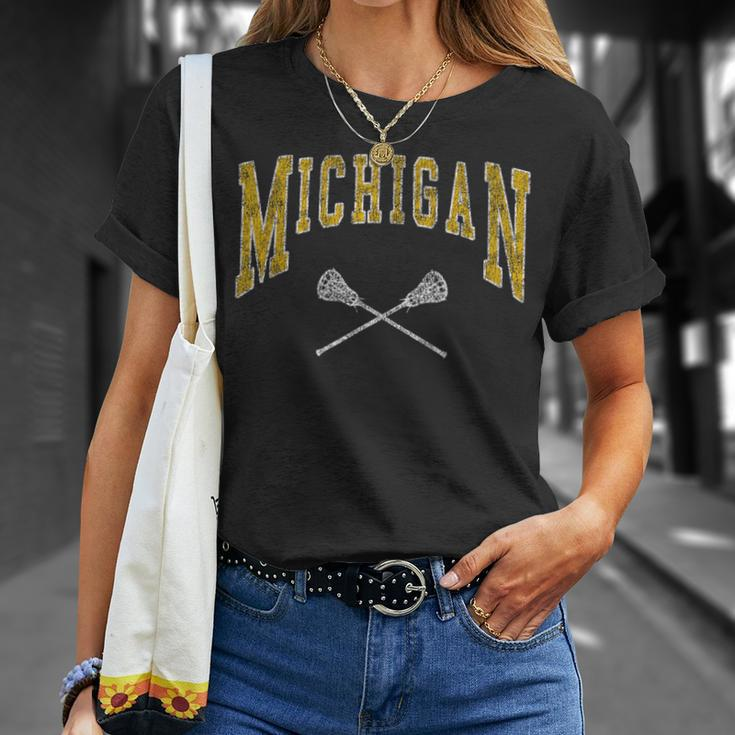Vintage Michigan Lacrosse Distressed Lax Player Michigan Fan T-Shirt Gifts for Her