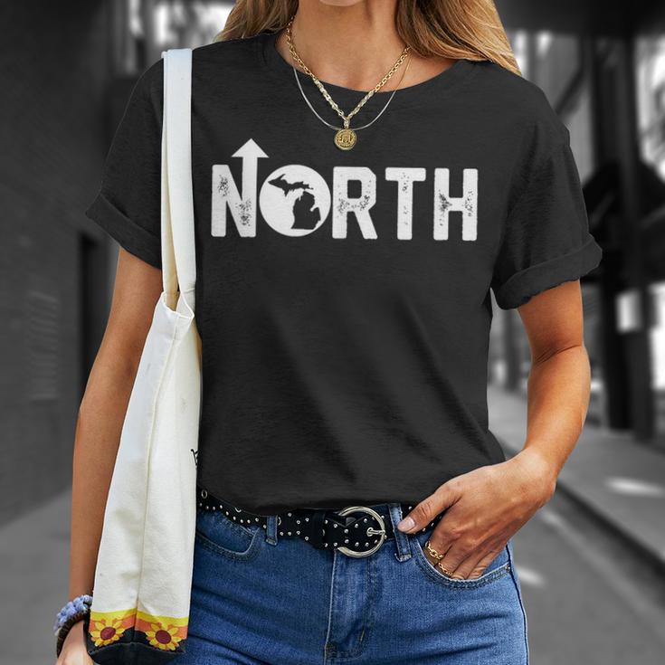 Vintage Up North Michigan Distressed Text State Map T-Shirt Gifts for Her