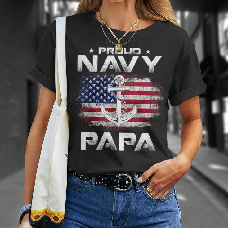Vintage Proud Navy Papa With American Flag Veteran T-Shirt Gifts for Her